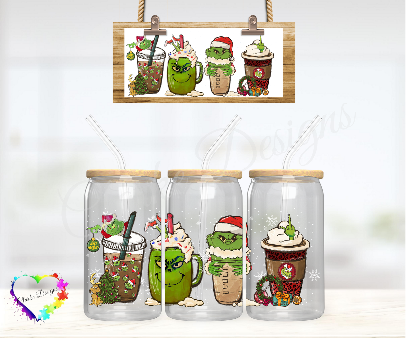 XMAS Grinch Drinks 3 - 16oz Libbey UV DTF Wrap