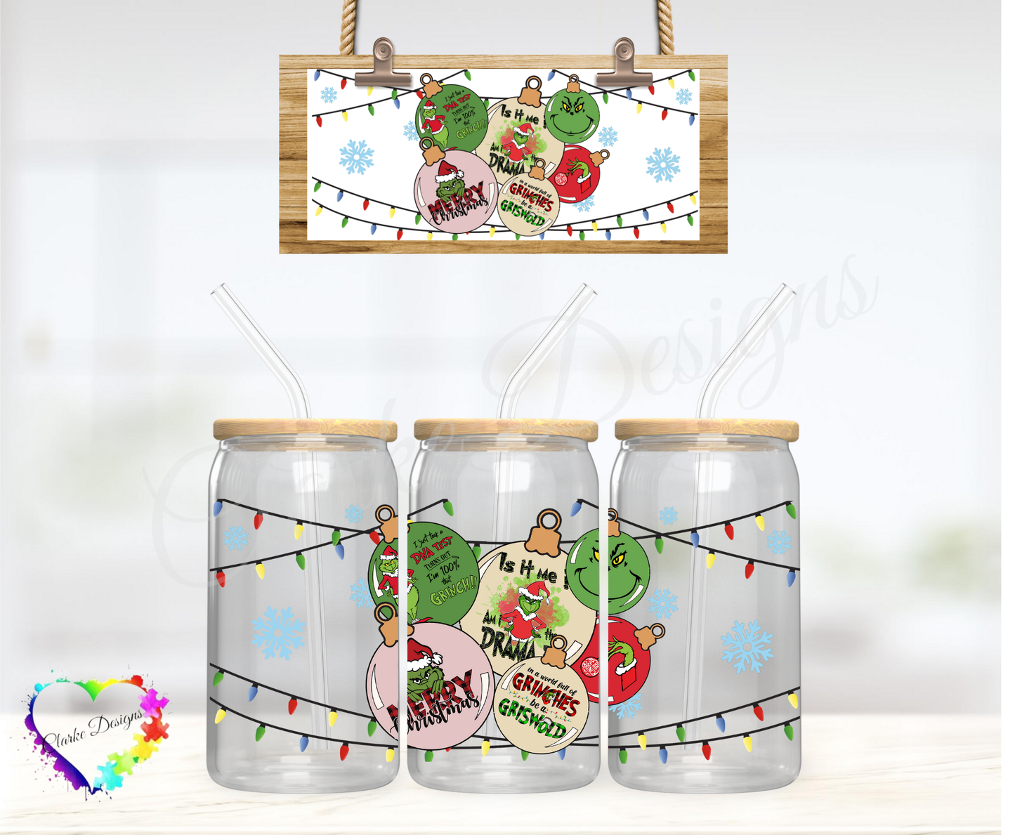 Grinch Bauble - 16oz Libbey UV DTF Wrap