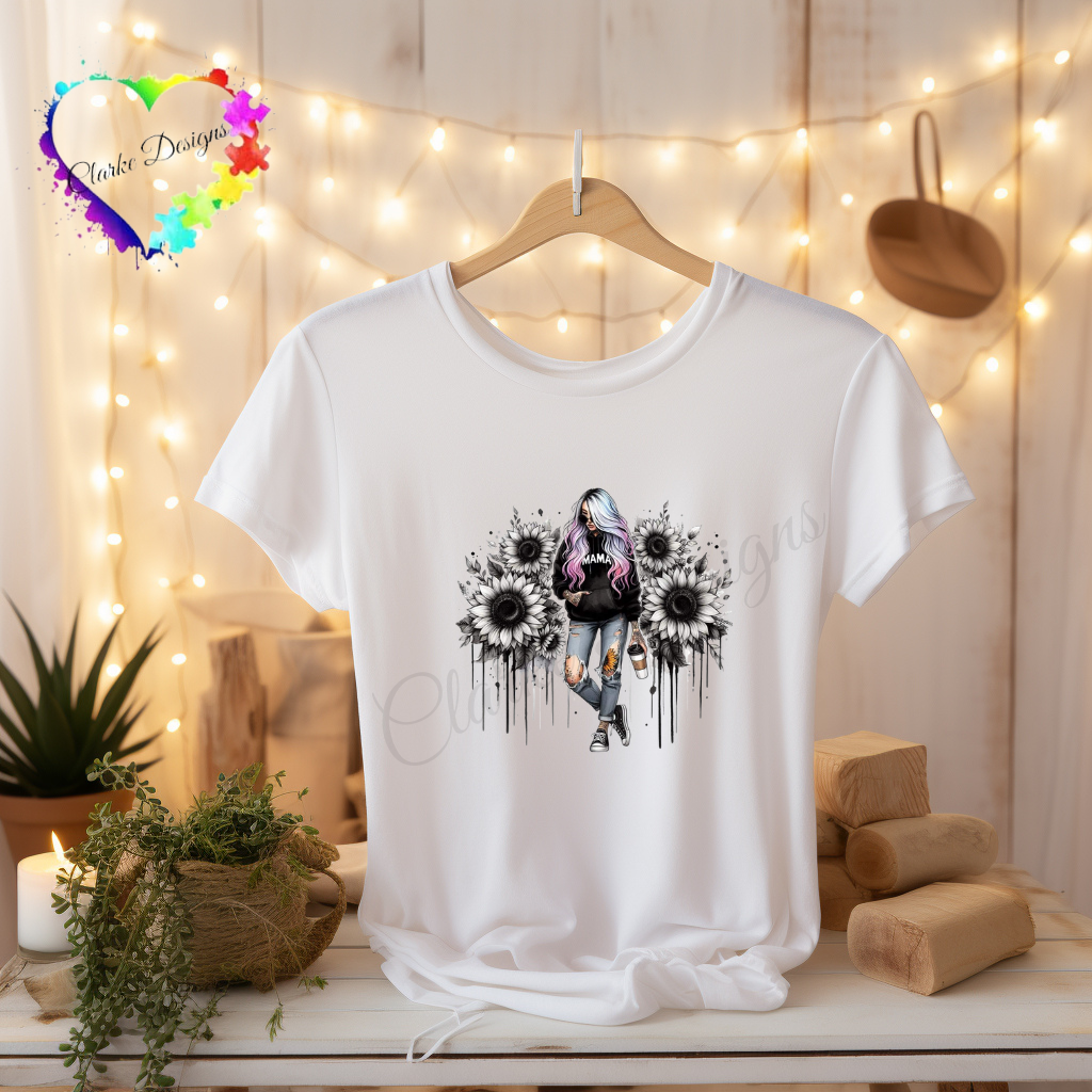 DTF Transfer - Mama Black and Whiter Sunflowers