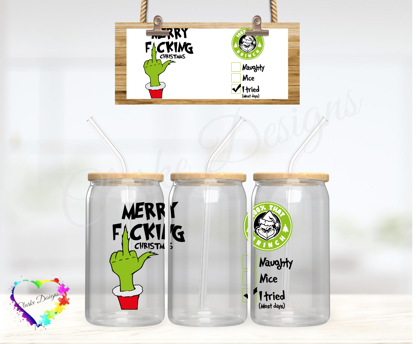 Grinch Merry F**king Xmas - 16oz Libbey UV DTF Wrap