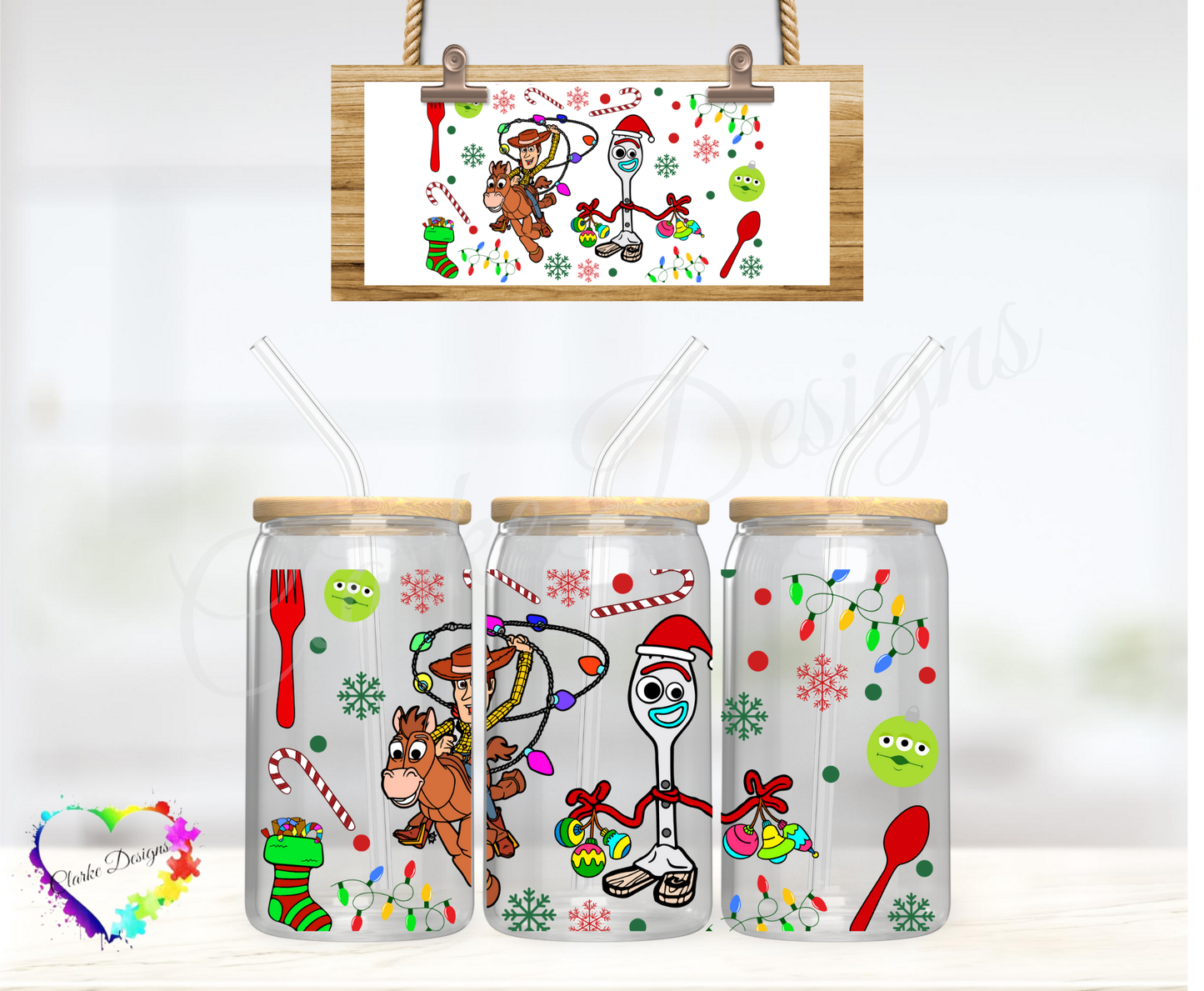 XMAS Woody & Forky - 16oz Libbey UV DTF Wrap