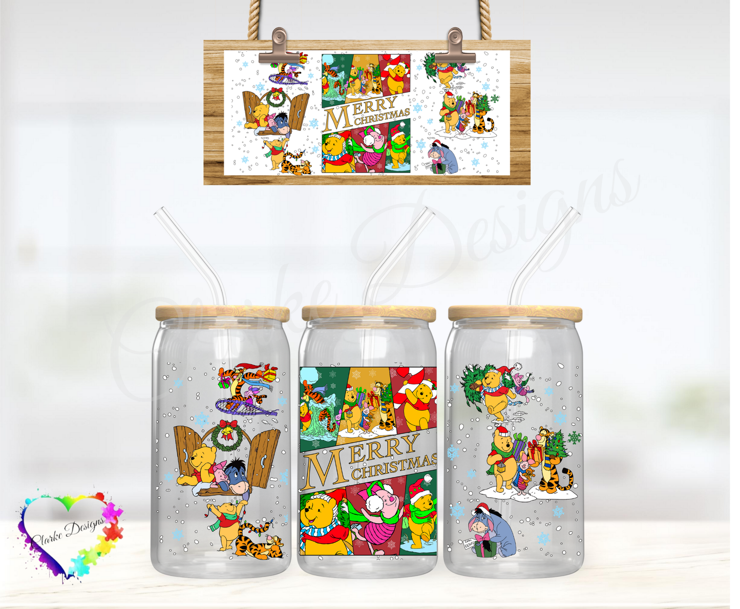 Merry Christmas Pooh Bear - 16oz Libbey UV DTF Wrap