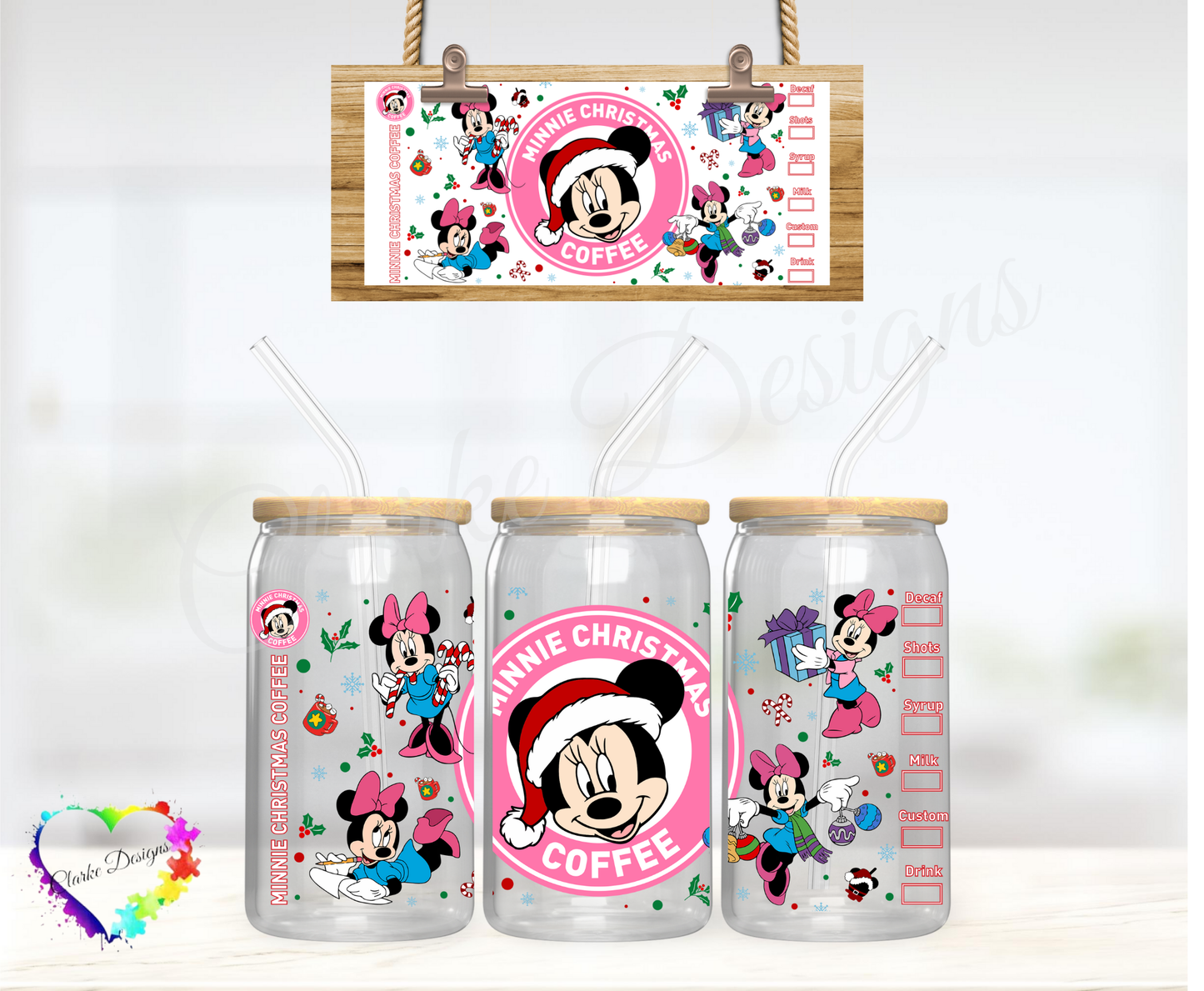 Minnie Christmas Coffee - 16oz Libbey UV DTF Wrap