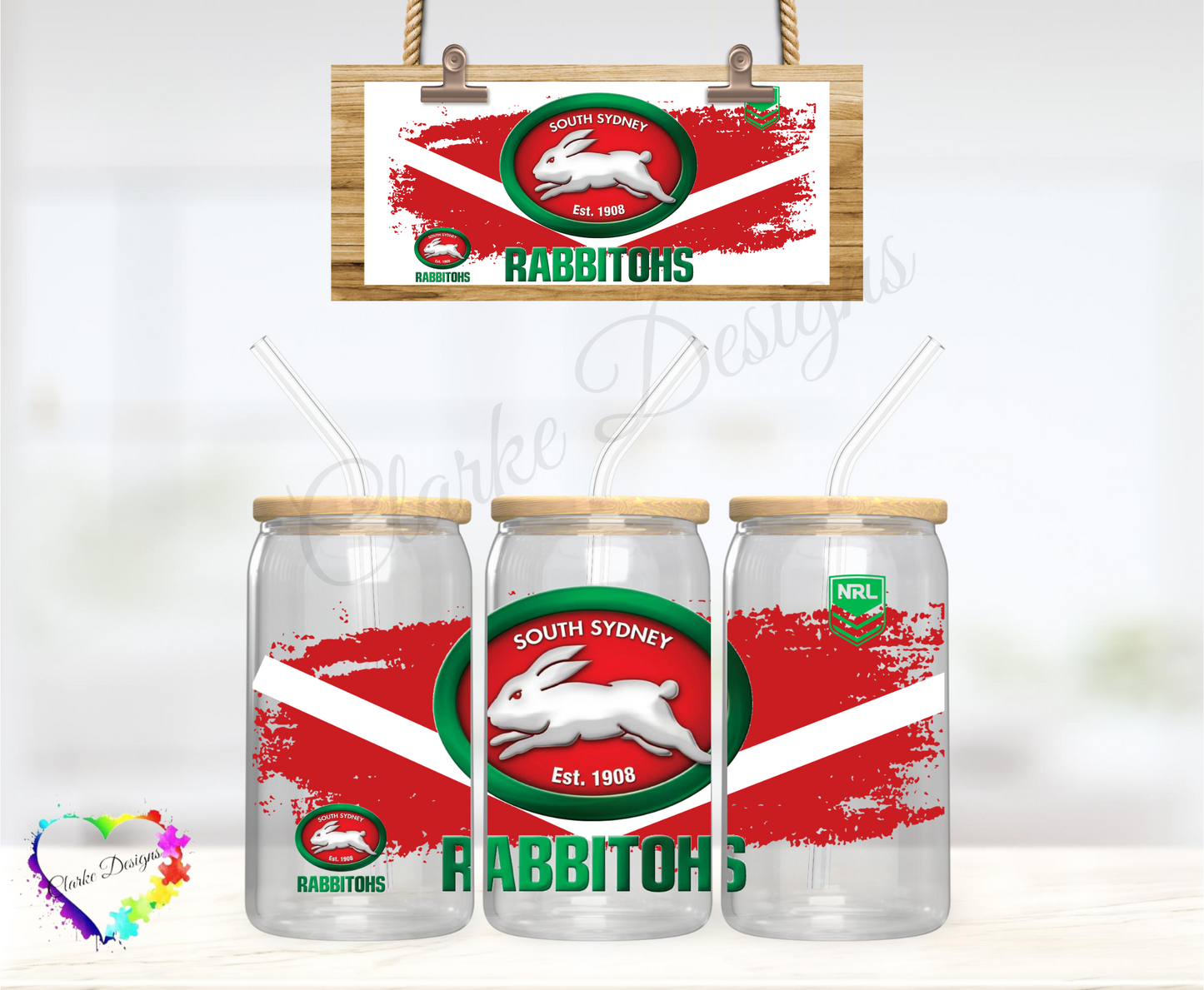 NRL Rabbitohs - 16oz Libbey UV DTF Wrap