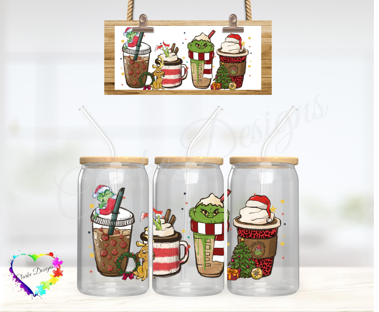 XMAS Grinch Drinks 2 - 16oz Libbey UV DTF Wrap