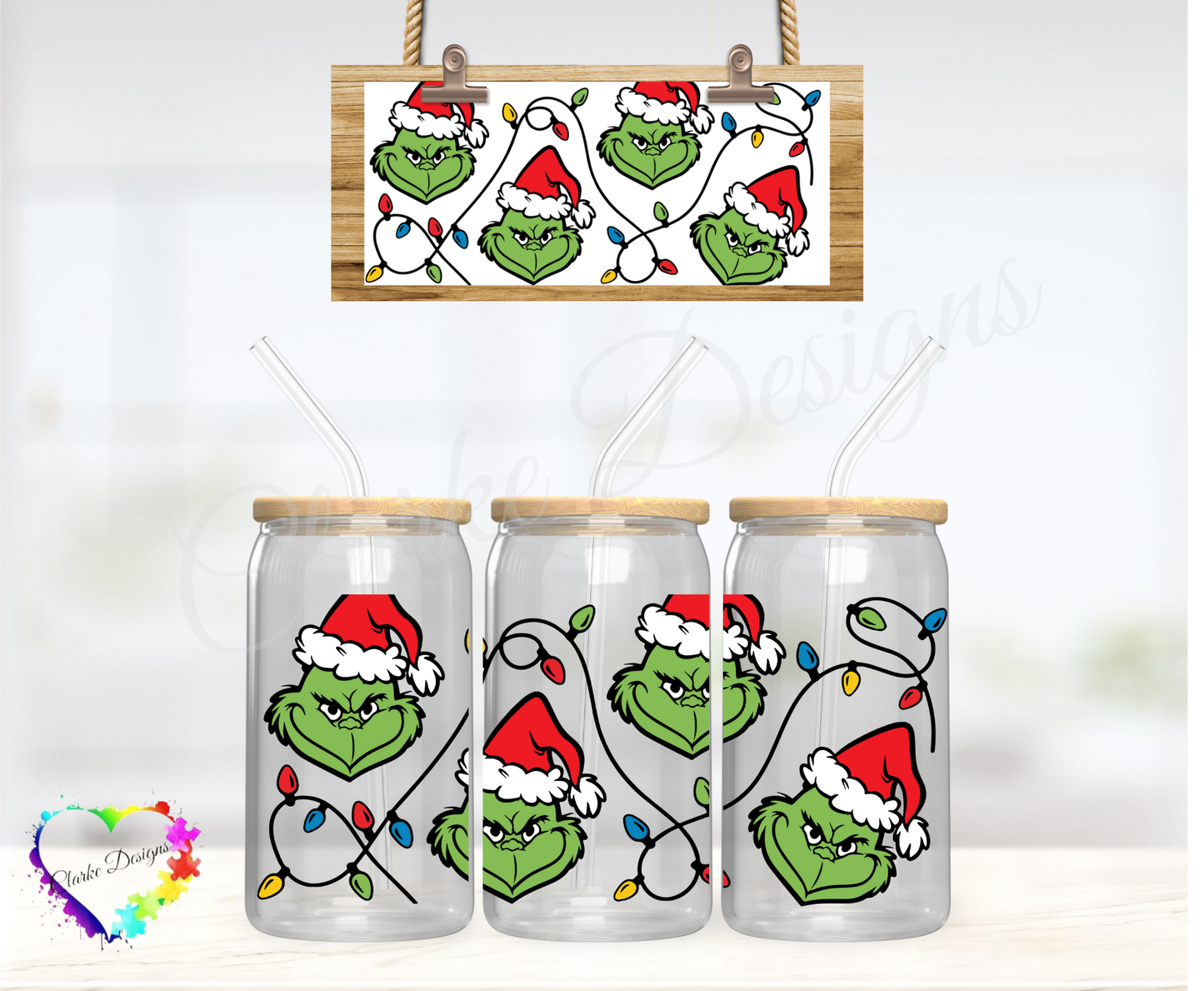 Grinch Lights 2 - 16oz Libbey UV DTF Wrap