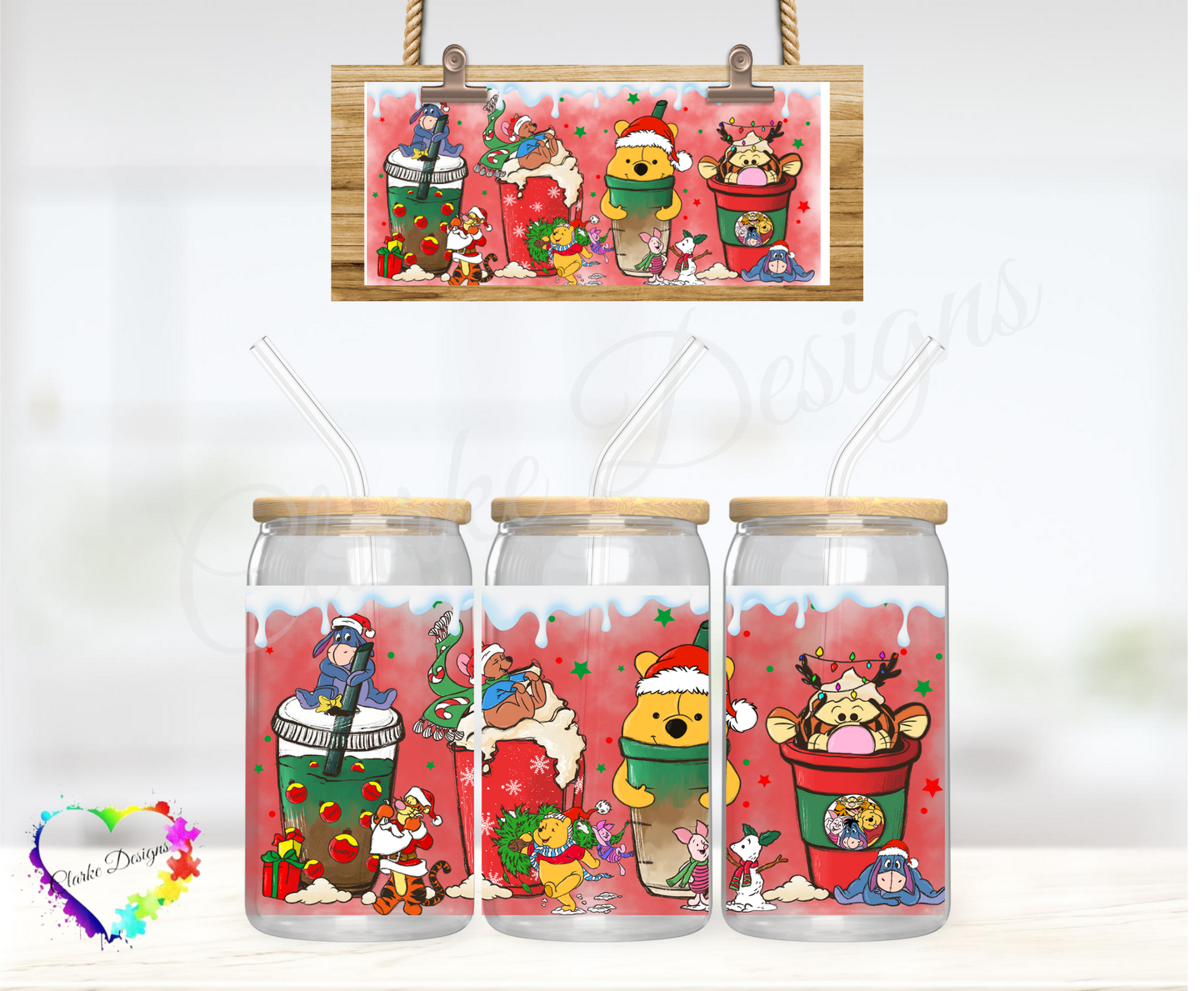 XMAS Pooh Bear Coffee - 16oz Libbey UV DTF Wrap