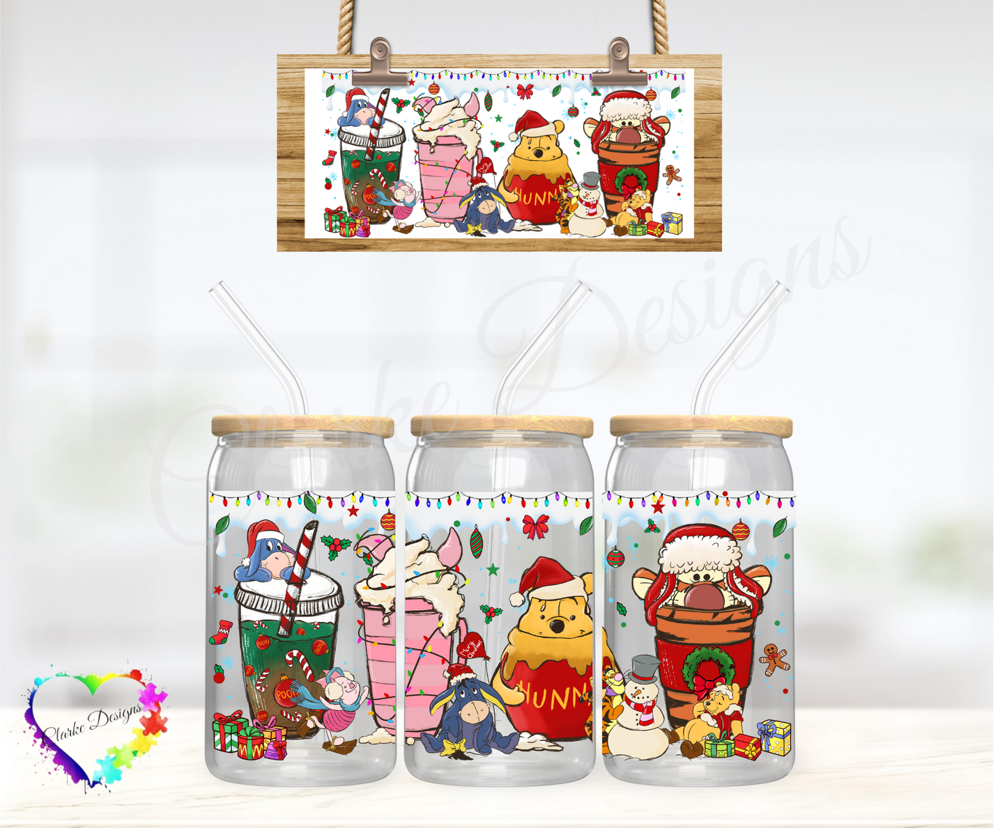 XMAS Pooh Bear Coffee - 16oz Libbey UV DTF Wrap
