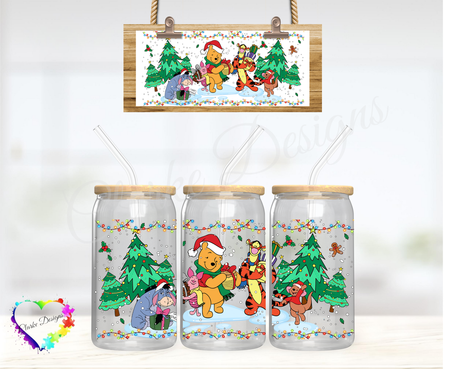 XMAS Pooh Bear 2 - 16oz Libbey UV DTF Wrap