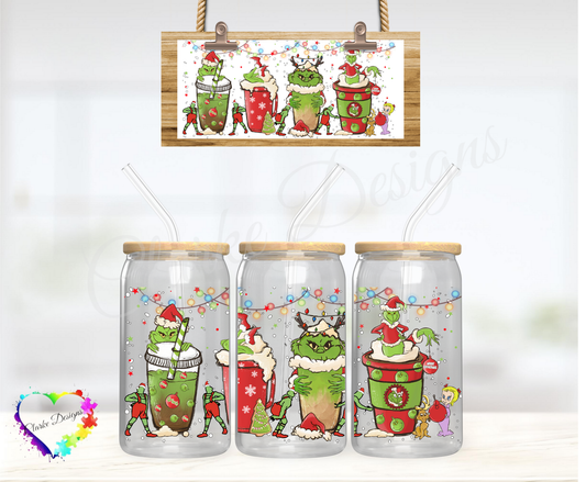 XMAS Grinch Coffee 4 - 16oz Libbey UV DTF Wrap