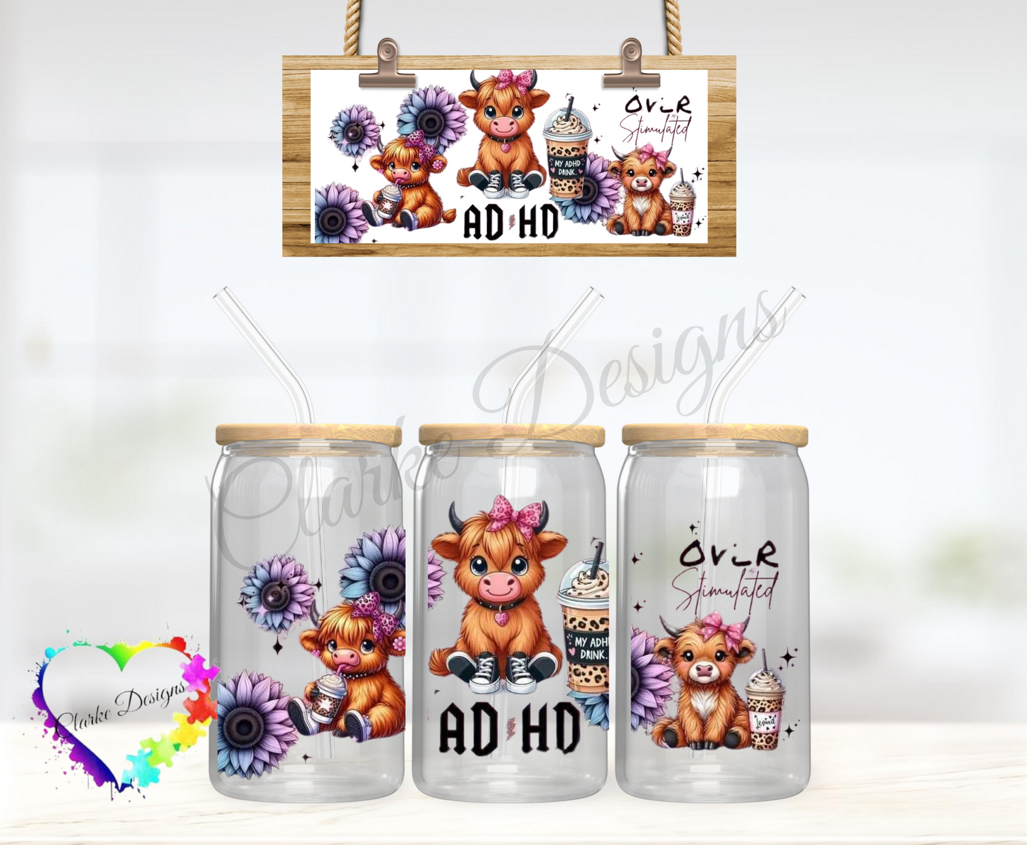 Overstimulated ADHD Pink - 16oz Libbey UV DTF Wrap